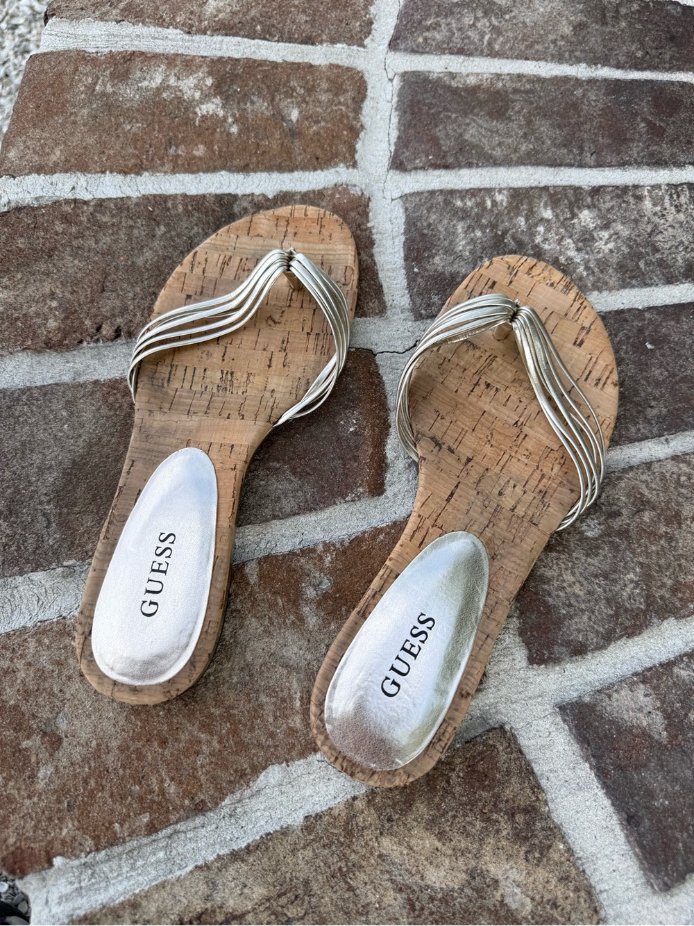 GUESS Metallic Silver Braided Cork Slide Sandals